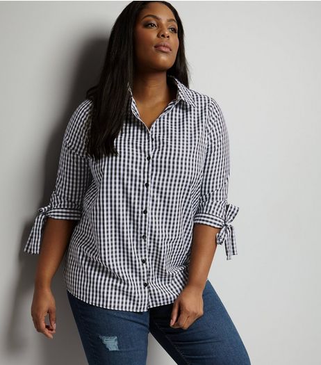 Curves Black Gingham Tie Sleeve Shirt | New Look