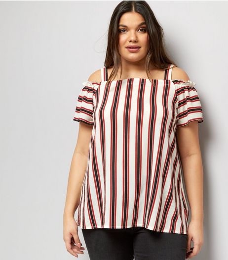 Curves Red Stripe Strappy Bardot Neck Top | New Look