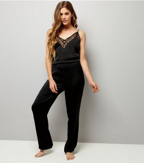 Black Satin Lace Trim Lounge Jumpsuit | New Look