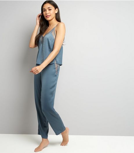 Petrol Blue Satin Lace Trim Pyjama Bottoms | New Look