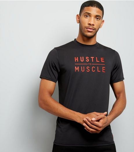 Black Hustle To Muscle Slogan Sports T-Shirt | New Look