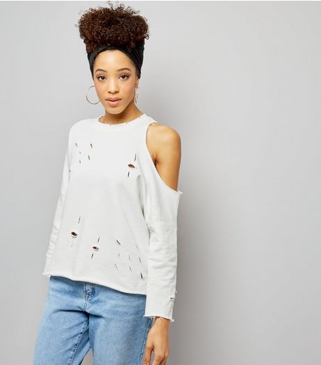 Cream Ripped Asymmetric Cut Out Sleeve Sweater | New Look
