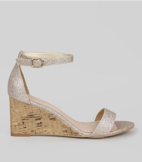 Wide Fit Gold Comfort Glitter Wedges | New Look