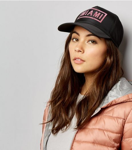 Black Sateen Miama Print Cap | New Look