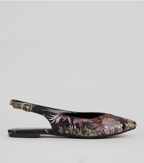 Black Floral Brocade Sling Back Pumps | New Look