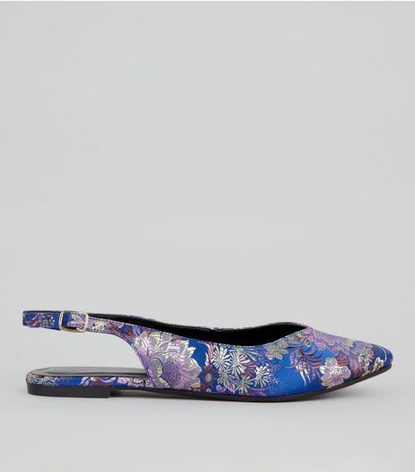 Blue Floral Brocade Sling Back Pumps | New Look