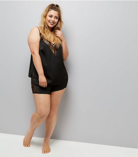Curves Black Satin Lace Trim Pyjama Shorts | New Look