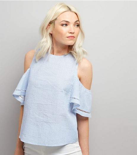 Petite Blue Stripe Cold Shoulder Frill Trim Top | New Look