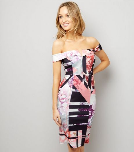Pink Floral Abstract Print Notch Bardot Neck Bodycon Dress | New Look