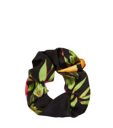 Black Floral Print Scrunchie | New Look