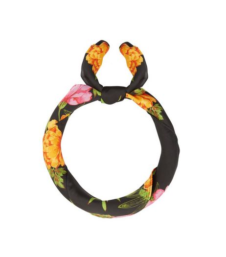 Black Sateen Floral Print Bandana | New Look
