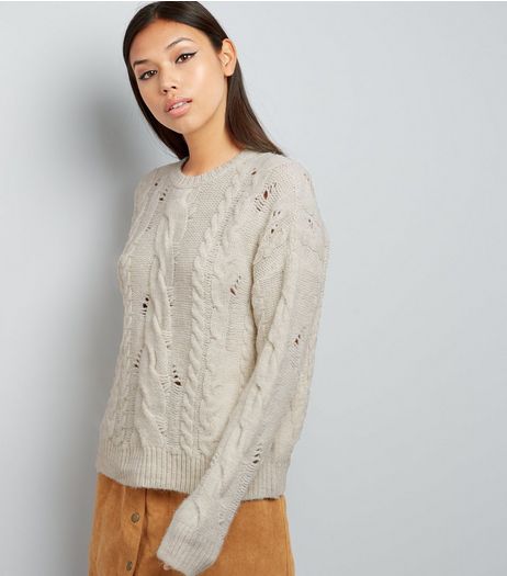 Cream Ladder Ripped Cable Knit Jumper | New Look