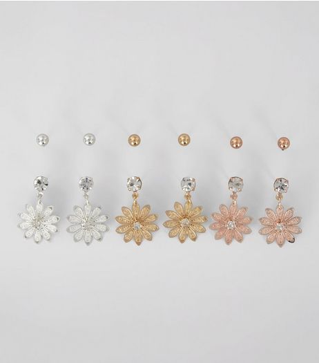 6 Pack Gold Rose Gold and Silver Flower Drop Stud Earrings | New Look