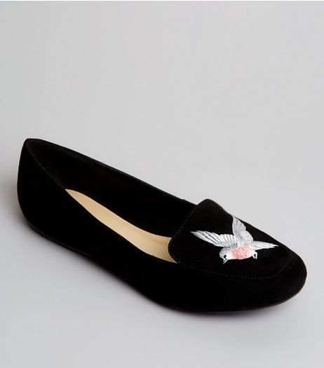 Black Suedette Bird Embroirdered Tab Slipper Shoes | New Look