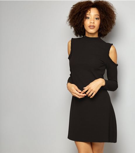 Black Funnel Neck Cold Shoulder Swing Dress | New Look