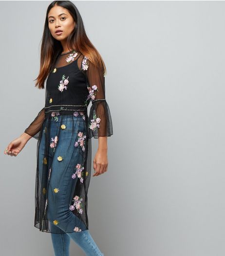 Petite Black Floral Embroidered Studded Mesh Dress | New Look
