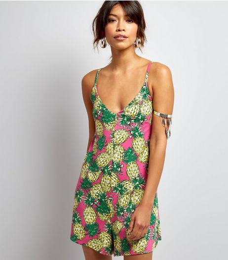 Pink V Neck Pineapple Print Playsuit | New Look