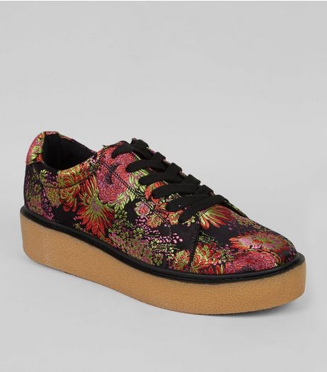 Black Satin Floral Brocade Chunky Sole Trainers | New Look