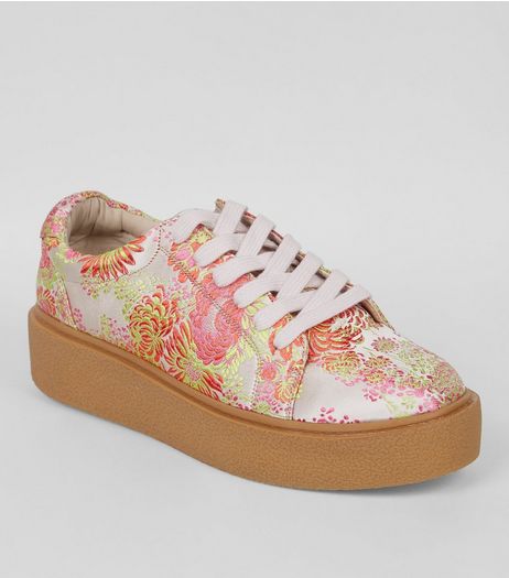 Pink Satin Floral Brocade Chunky Sole Trainers | New Look