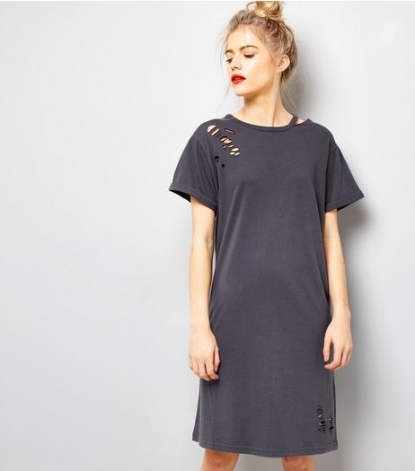 Dark Grey Ripped Cut Out Neck T-Shirt Dress | New Look