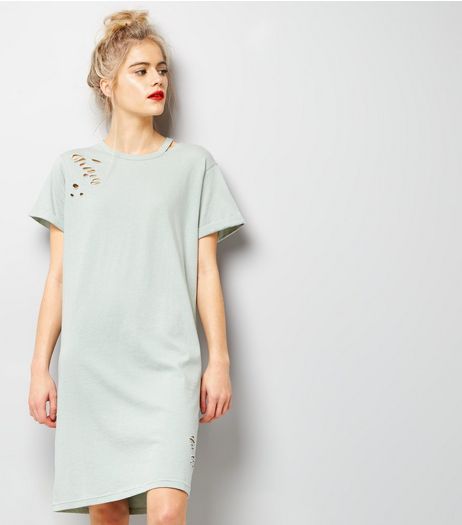 Mint Green Ripped Cut Out Neck T-Shirt Dress | New Look