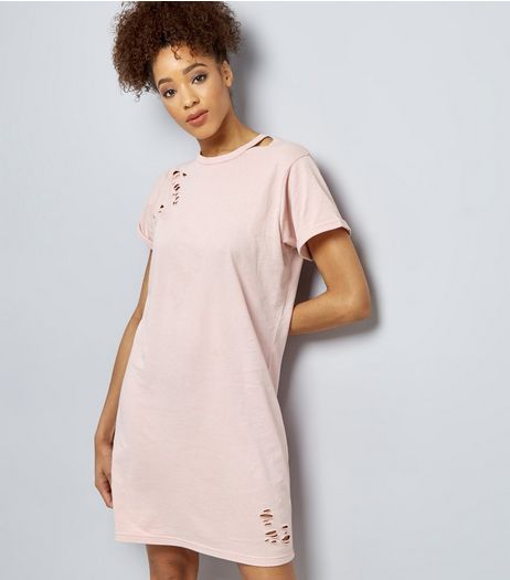Pink Ripped Cut Out Neck T-Shirt Dress | New Look