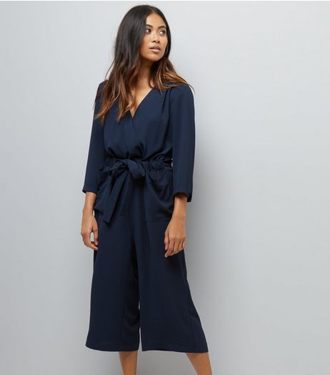 Petite Navy Wrap Front Culotte Jumpsuit | New Look