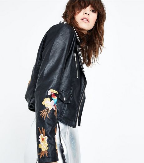 Blue Vanilla Black Leather-Look Embroidered Stud Jacket | New Look