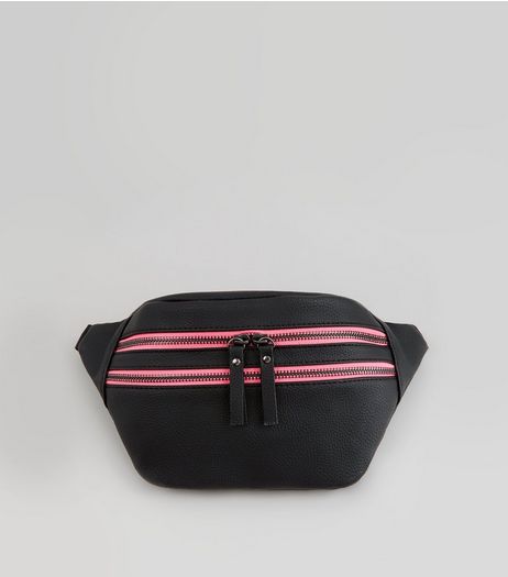 Black Neon Double Zip Bumbag | New Look