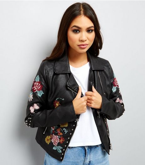 Blue Vanilla Black Embroidered Leather-Look Jacket | New Look