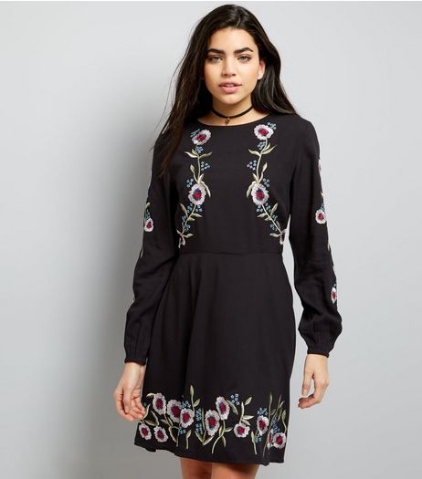 Black Floral Embroidered Long Sleeve Skater Dress | New Look