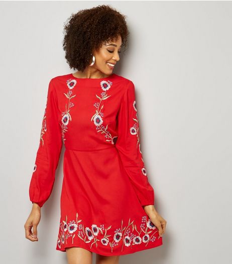 Red Floral Embroidered Long Sleeve Skater Dress | New Look