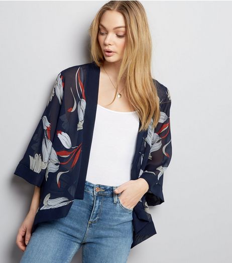 Mela Navy Floral Chiffon Kimono | New Look