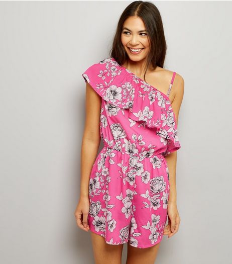 Pink Floral Print Frill Trim Off the Shoulder Playsuit | New Look