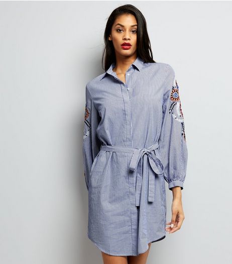 Blue Stripe Embroidered Trim Tie Waist Shirt Dress | New Look