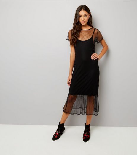 Black Spot Print Mesh Midi Dress | New Look