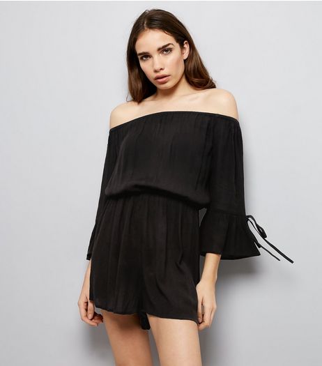 Black Tie Sleeve Bardot Neck Playsuit | New Look