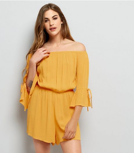 Yellow Tie 3/4 Sleeve Bardot Neck Playsuit | New Look