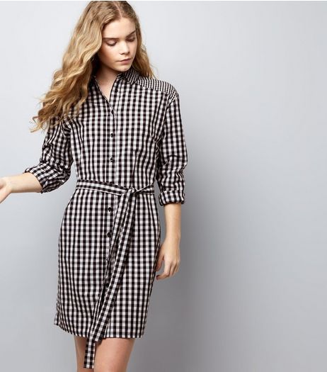 Black Gingham Check Tie Waist Shirt Dress | New Look