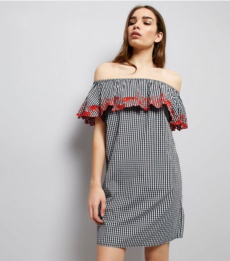 Black Gingham Floral Embroidered Bardot Neck Dress | New Look