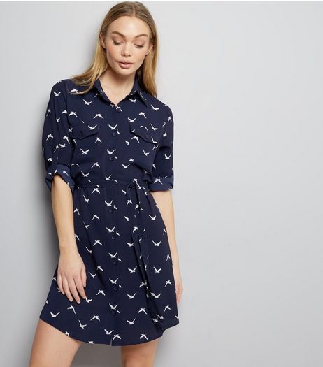 Mela Navy Swallow Print Shirt Dress | New Look