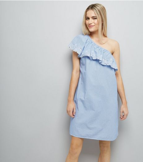 Blue Stripe Crochet Lace Off the Shoulder Dress | New Look