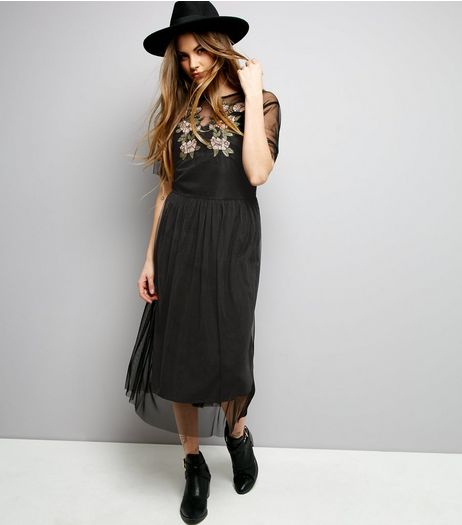 Black Mesh Floral Embroidered Smock Dress | New Look