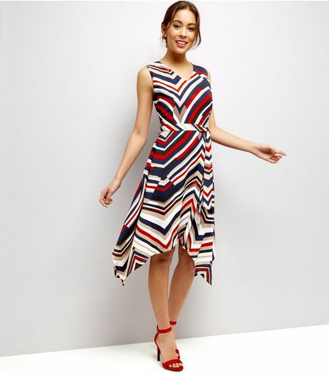 Mela Navy Chevron Stripe V Neck Waterfall Dress | New Look