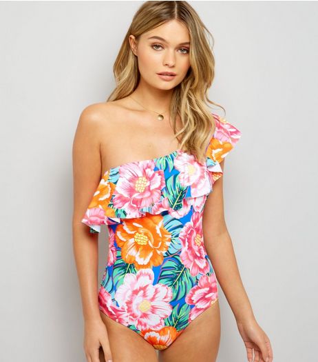 Pink Tropical Print One Shoulder Frill Trim Swimsuit | New Look