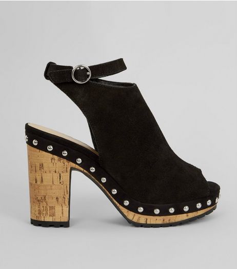 Black Suede Stud Side Heeled Clogs | New Look
