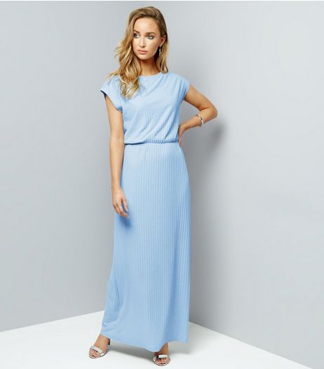 Mela Pale Blue Metallic Ribbed Maxi Dress | New Look