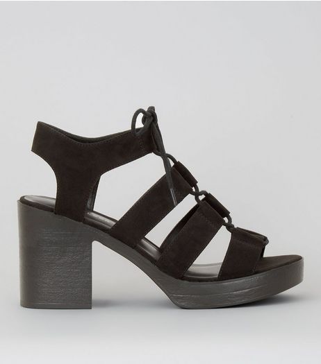 Black Suedette Ghillie Block Heels | New Look