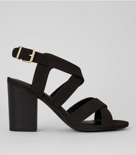 Black Suedette Cross Strap Front Block Heels | New Look