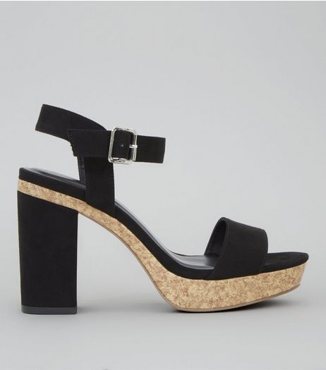 Black Suedette Cork Trim Platform Heels | New Look